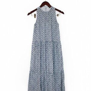 Ann Taylor Petite Blue & White Medallion Tiered  Cotton Maxi Dress XSP